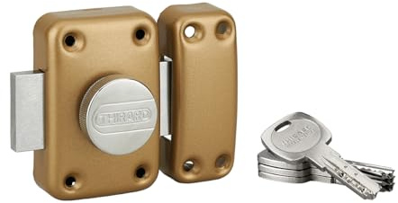 Verrou de Porte d'Entrée TRANSIT 2 - Bouton + Cylindre 80mm - Protections de Sécurité - avec 4 Clés Laiton Nickelé Réversibles et Carte de Propriété - Made in France - Finition Époxy Doré - THIRARD