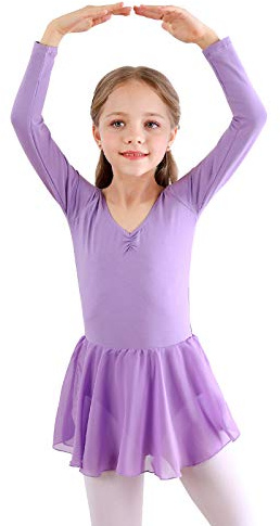 Bezioner Ballet Robe Filles Danse Justaucorps V-Cou Costume Fille Jupe Tutu Manche Courte et Manche Longue (140 (130-140cm,10-11 Ans), Violet Manche Longue)