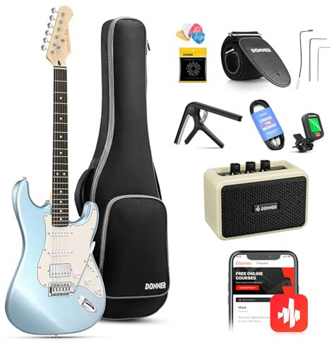 Donner E-Gitarre, DST-152R E Gitarren Set HSS Pickup Coil Split, Elektrische Gitarre Beginner Set mit Verstärker, Tasche, Zubehör, Metallic Eisblau