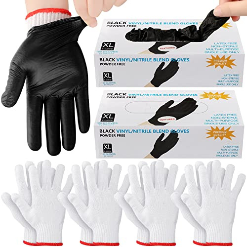 Janmercy 200 Pcs Disposable Nitrile BBQ Gloves Kit with 8 Washable Cotton Liners 5mil for Grilling Cooking Baking Gloves(X-Large,Black, White)