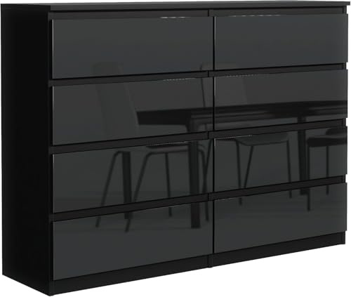 meble masztalerz Kommode 120 cm Schwarz mit Hochglanz-Fronten mit 8 Schubladen - 120 x 101,5 x 39 cm - Sideboard Wohnzimmer, Schlafzimmer - Schubladenschrank - Komodenschrank