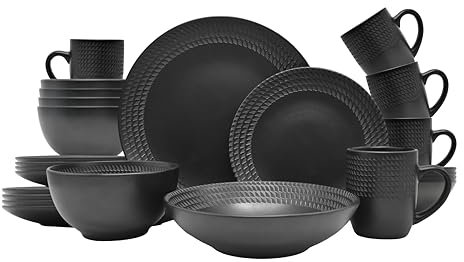 ECHTWERK 20-teiliges Vintage Kombiservice BlackStyle Modern-Design, für 4 Personen, Geschirrset aus Steingut mit 4 x Speiseteller, 4 x Beilagenteller, 4 x Schüssel, 4 x Teetassen, 4 x Suppenteller