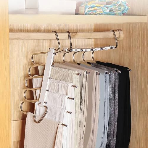 2 Pack trouser hangers space saving, 5 In 1 Non-Slip Multifunctional Pants Rack, Clothing Rack for Closet Storage - Ideal for Jeans, Pants, Skirts, Scarves & Slacks