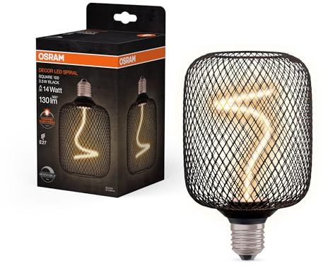 OSRAM DECOR LED quadrato con filamento a spirale in vetro senza piombo nero trasparente nell'accogliente bianco caldo 1800K, dimmerabile, con attacco a vite E27, diametro 100 mm.
