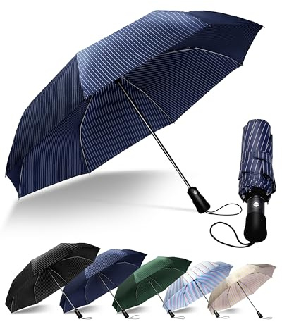 Chakipee Compact Travel Umbrella Windproof Strong- Automatic Folding Umbrellas for Wind and Rain, Portable 210T Fabric 97cm Span - 8 Ribs Stripe Pattern for Men and Women