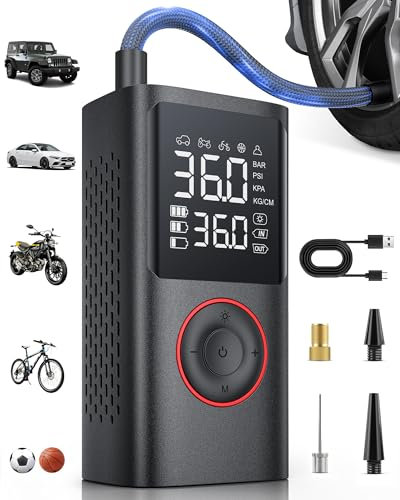 Powools Gonfleur Pneus Voiture sans Fil – Compresseur à Air Portatif 150 PSI avec Arrêt Automatique & Lumière LED, Pompe à Vélo Électrique pour Voiture, Moto, Vélo, Ballon, 8.90 X 4.75 X 13.79 CM