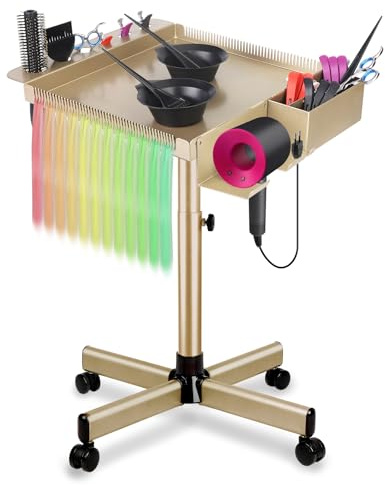Salon Rolling Tray on Wheels with Adjustable Height - Salon & Spa Service Tray for Hair Stylist, Tattoo & Dental Use (Gold)