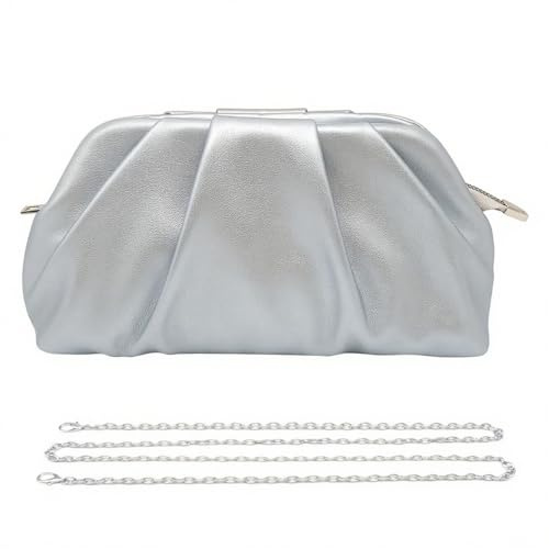 Pahajim Damen Clutch Abendtasche Damen Pleated PU leder Handtasche Klein Elegant mit Kette Schultertasche für Hochzeit Party Date (Silber)
