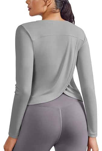 PINSPARK Women's Sport T-Shirt UPF 50+ Sun Protection Sports Shirt Long Sleeve Yoga Top Split Back Round Neck Functional Fitness Training Tops Breathable Gym Shirts Light Gray S