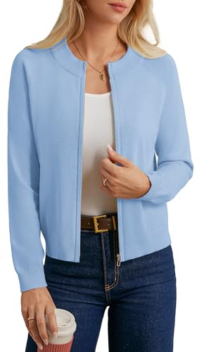 GRACE KARIN Ladies Smart Casual Work Office Cardigan Jackets Crew Neck Ribbed Sweater for Vacation Weekend Light Blue XXL