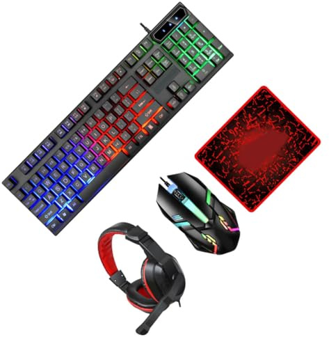 IWOWHERO 4-In-1 Backlit Gaming Keyboard Mouse Combo with Headset and Mouse Pad Wired Rgb for PC Office and Gaming Use