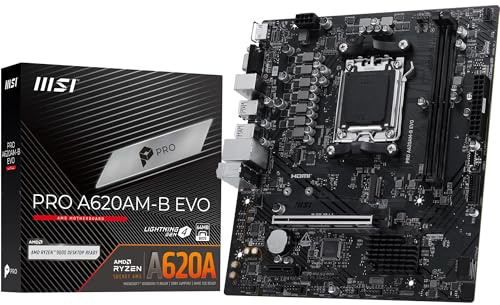 MSI PRO A620AM-B EVO Motherboard, Micro-ATX - Supports AMD Ryzen 9000/8000 / 7000 Processors, AM5 - DDR5 Memory Boost (6800+ MT/s OC), 1 x PCIe 4.0 x16, 1 x M.2 Gen4