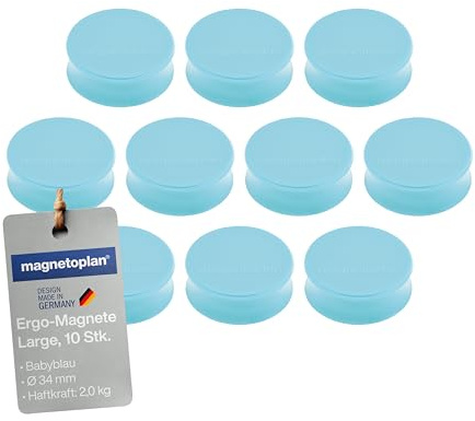 magnetoplan Ergo-Magnete, Large | ØxH 34x12,5mm | 10 Stück, Babyblau | Hohe Haftkraft von 2,0kg | Für Kühlschrank, Whiteboard, Magnettafel