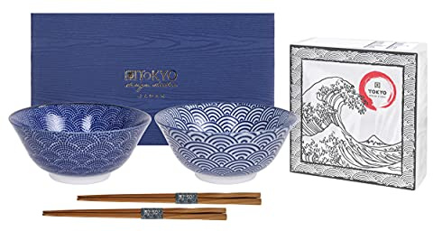 Tokyo Design Studio, Nippon Blue, Set di 2 Coppette e 2 bacchette, 4 PZ, Ø 15.2 cm, in porcellana dal Giappone