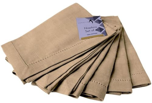 Penguin Home Hemstitched Pure Cotton Washable and Reusable Oversized Kitchen Cloth Napkins 6 Pack, Cloth Napkins for Table Dining, Events, Parties, Hotel, Lunch - 50x50 cm, Beige, Set of 6 (GSM 190)
