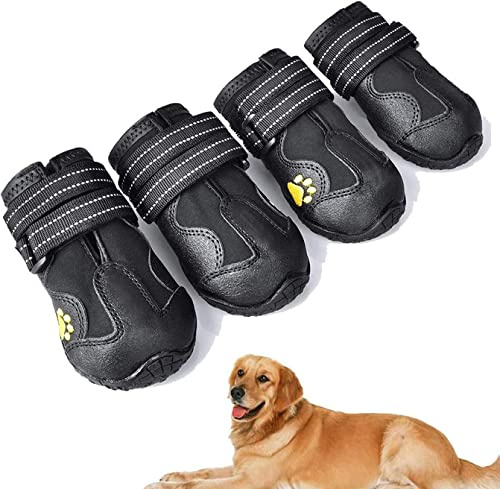 Botas para Perros de 4 Piezas,Zapatos Impermeables para Perros con Correas Ajustables Reflectantes para Perros medianos y Grandes (A, 4)