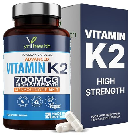 Vitamin K2 MK7 700mcg - High Strength Vitamin K2 Menaquinone - 90 Vegan Society Registered Capsules Not Tablets - Made in the UK By YrHealth