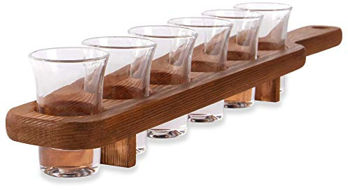 Maison & White Wooden Drinks Paddle with 6 Shot Glasses | Shot Glass Shelf Tray | 25ml Capacity | Set of 6 | Drinks Holder | Party Serving Tray | Wood Glass Rack | M&W