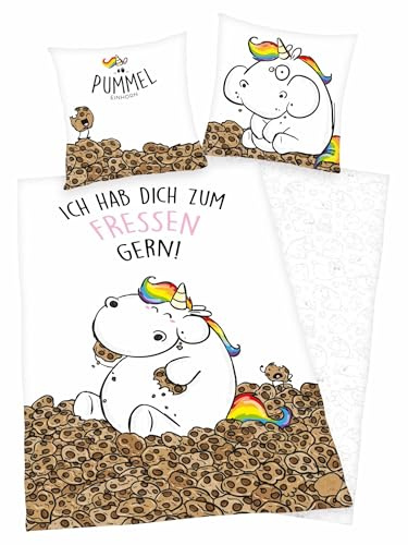Einhorn Biber Flanell Wende - Bettwäsche 2 TLG. 135x200cm Pummeleinhorn - Ich hab Dich zum Fressen gern