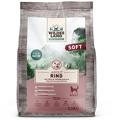Wildes Land - Halbfeuchtes Trockenfutter für Hunde - Rind - 1500 g - Soft mit Reis und Wildkräutern - Glutenfrei - Extra viel Fleisch - Für alle Hunderassen - Beste Akzeptanz