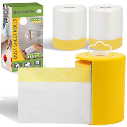 BLOSTM Adhesive Dust Sheet Roll - 3PCS 55cm x 30m Self-Adhesive Plastic Dust Sheets Roll with Dispenser, Tape and Drape for Paint Sprayers, Decorating & DIY Projects - 3 PACK