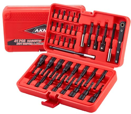 AKM TOOL 41-tlg Magnete Sechskant Stecknuss, 1/4-Schnellwechsel-Sechskantschaft | SAE & metrisch | Cr-V-Stahl, magnetischer Schraubendreher-Bit-Satz mit Bohrererweiterung & Bohreradapter