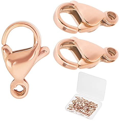 Beebeecraft 1 scatola da 50 chiusure a moschettone in oro rosa da 11 mm per braccialetti e collane fai da te, kit di riparazione per gioielli