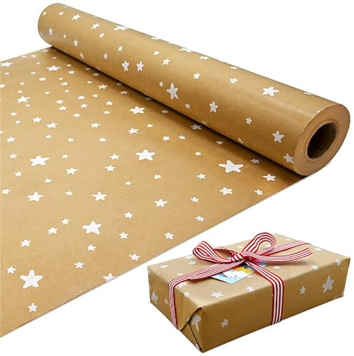 25m Roll of Kraft White Star Wrapping Paper Roll,100% Recyclable ECO Gift For Birthday Present Party Christmas Decorations(15m x 43cm)