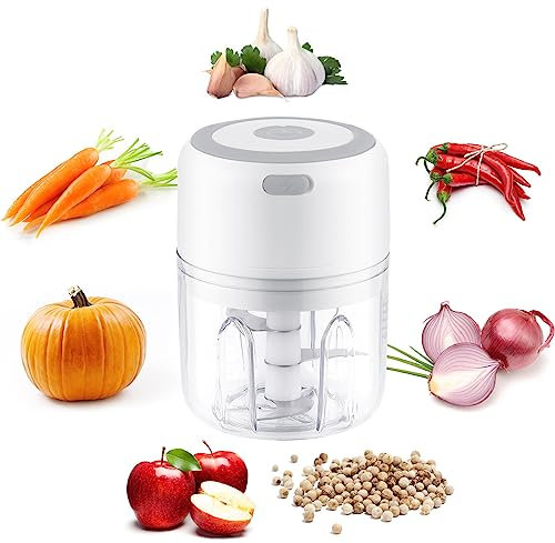 HUSAIHU Electric Food Chopper, 250ML Mini Wireless Portable Meat Grinder, USB Charging Garlic Chopper, Easy to Clean, Food Processor for Chili/Onions/Vegetable/Nuts/Fruits/Peppers/Meat/Garlic (White)