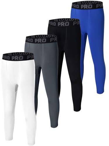 EXARUS 4 Pack Youth Boys Compression Leggings Pants Tights Football Sports Athletic Active Base Layer for Basketball Teen 10Y