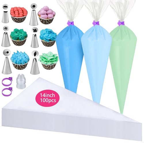 GZMAISULEE Sac à poche usa e getta da 35,5 cm, 100 sacchetti da pasticceria antiscoppio addensati con 2 fascette per sac à poche, 1 accoppiatore, 6 punte per glassare torte e biscotti, decorazioni da