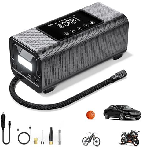 SUNPOW Elektrische Luftpumpe 2X Schneller, Akku luftpumpe Auto, Tragbar Mini Kompressor mit 150PSI 12V DC, Metall Doppelzylinder, LCD Tastbildschirm, Fur Auto Fahrrad Pickup SUV