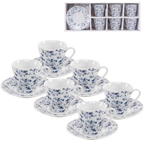 ROCKING GIFTS Service à café 6 petites tasses 90 ml avec assiette, céramique blanche avec fleurs bleues vintage, passe au lave-vaisselle et au micro-ondes, pour invités de fête