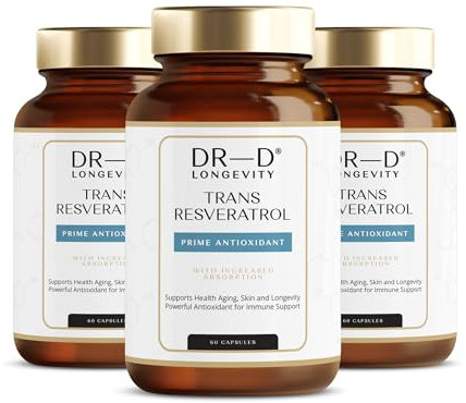 Trans Resveratrol de DR-D Longevity - 1000 mg, antioxidante premium, 99% puro trans-resveratrol, dosis altas, 60 cápsulas veganas - 30 dosis diarias (3 meses / 3 botellas)