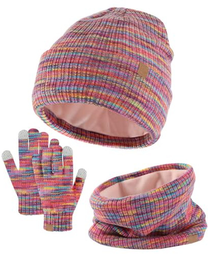 SSKHE 3 PCS Kids Winter Hat Scarf Gloves Set Warm Thermal Knitted Beanie Cap Snood Neck Warmer Touchscreen Mitten Soft Fleece Lining Elastic for Children Aged 5-12 Outdoor Sports (Multicoloured)