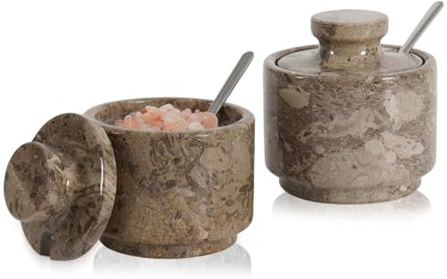MARBLOUS KRAFTS Saltkällare i marmor 7,6 cm saltbehållare i sten för alla hjärtans dagpresenter, perfekt set med 2 kaffeförvaringsbehållare köksbänk, godisburkar med lock och skedar (Oceanic)