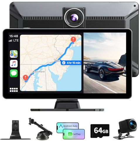 Tallflly Radio Coche Bluetooth de Carplay Android Auto Inalambrico, 9 Pulgadas Pantalla Coche con Dashcam 4K/Cámara Trasera HD 1080P/FM/AUX/64G TF/Mirror Link/Control por Voz/Navegación GPS