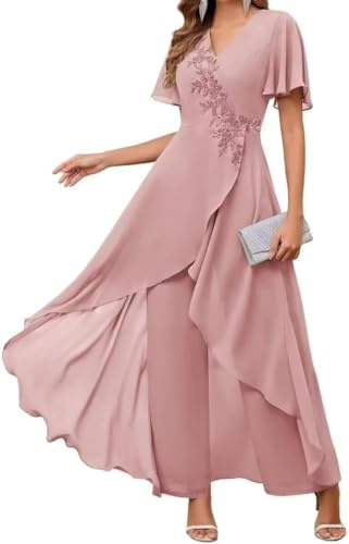 Suncadmious Madre delle Donne della Sposa Fiore di Nozze Pizzo Chiffon Pantaloni Set Abito Tinta Unita Prom Quotidiano Pantaloni Indossabili Abiti da Abito (Rosa,M)