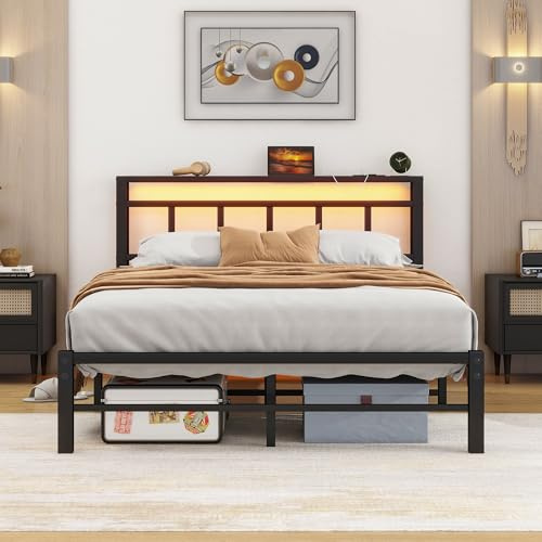 Cama de 120 x 200 cm con iluminación LED, estructura de metal con base de carga (1 toma de CA, 2 puertos USB), cama de metal de 120 x 200 cm, con cabecero, somier de láminas y