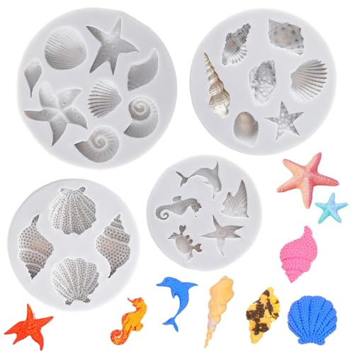 Moldes Oceánicos,4 PCS Moldes de Silicona con Formas de Estrella de Mar Conchas y Caracolas para Hacer Chocolate Fondant y Repostería Decoración Oceánica 3D para Pasteles DIY Adultos y Niños