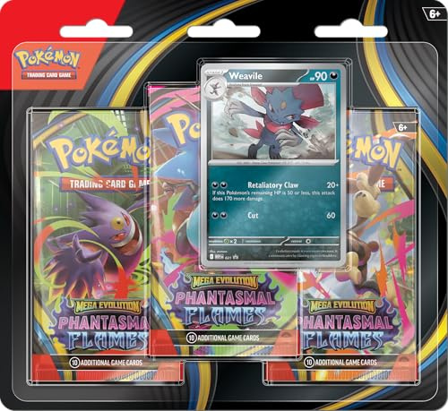 Pokémon TCG: Mega Evolution—Phantasmal Flames Triple Pack Weavile (1 Tarjeta Promocional de Aluminio y 3 Paquetes de Refuerzo)