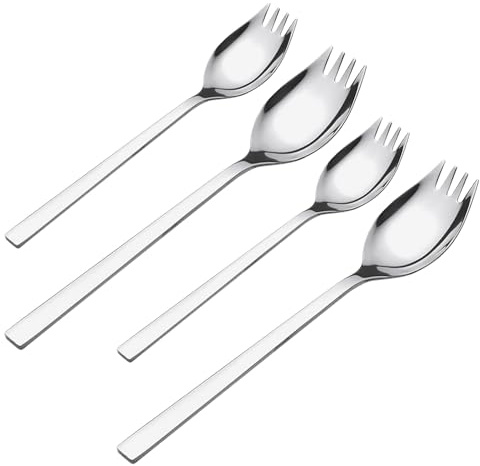 MOTHNUR Juego de 4 Cucharas-Tenedor para Ensalada Mango Largo de Acero Inoxidable Reutilizables Tamaño Grande y Mediano Aptas para Camping Almuerzo Escolar y Servir Postres