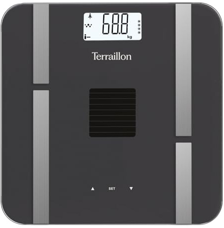 TERRAILLON - SUN POWER FIT - elektronisk personvåg, impedansmätare, solenergi och artificiellt ljus, batterifri, kapacitet 180 kg, examen 100 g, LCD-skärm, glasbricka, grå