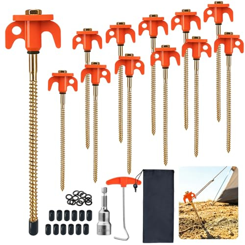 Lot de 12 Piquet de Tente à Visser, Sardines de Fixation Tente en Acie | Piquets Solides, Ancrages Au Sol à Visser Accessoires pour Tente, Avec Extracteur de Clous et Sac pour Sol Dur, Prairie