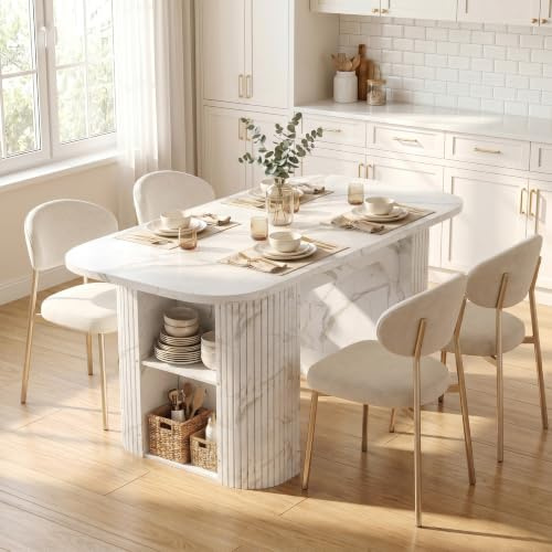 ROCSUMOO Extendable Dining Table 120-160cm with Storage, Wooden Kitchen Dining Table, Expandable Table for Dining Room, Living Room & Home, Seats 4-6 People, Marble