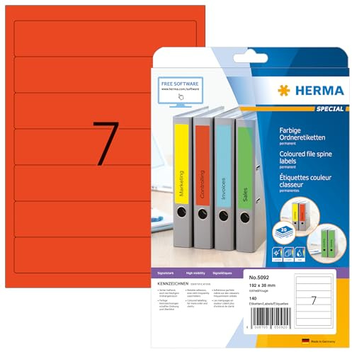 HERMA 5092 mappetiketter A4 kort/smal (192 x 38 mm, 20 ark, papper, matt) självhäftande, utskrivbara, permanenta mappa ryggetiketter, 140 filetiketter, röd