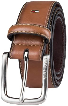 Tommy Hilfiger Men's Leather Stitch Belt (Pack of 1) with Engraved Logo,Brown,38
