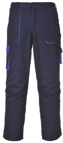 Portwest TX11 Texo Contrast Byxor Elastisk Midja Flera Fickor 2 Bakfickor | Marinblå, S, EN 14404, UPF 40+, Normal Passform, Polyester, Hög Halt Bomull, Knappstängning och Dragkedja, Hake och Ögle Fåll
