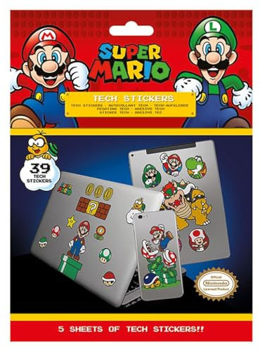 Super Mario Tech Stickers, Set of 36 Super Mario Stickers for Laptops, Mobile Phones and Tablets (Mushroom Kingdom Design) Device Stickers for Children, Stickers for Adults - Official Merchandise