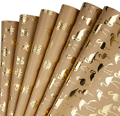 RUSPEPA Feuille De Papier D'Emballage Kraft - Feuille D'Or Ananas/Flamant Rose/Abeille - 6 Feuilles Emballées En 1 Rouleau - 44,5 X 76 cm Par Feuille